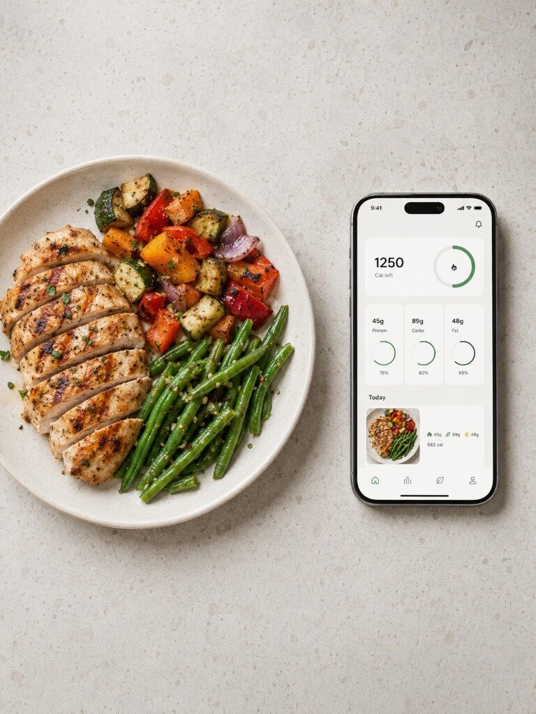 Cheffy nutrition app on a phone next to a plate of grilled chicken and vegetables