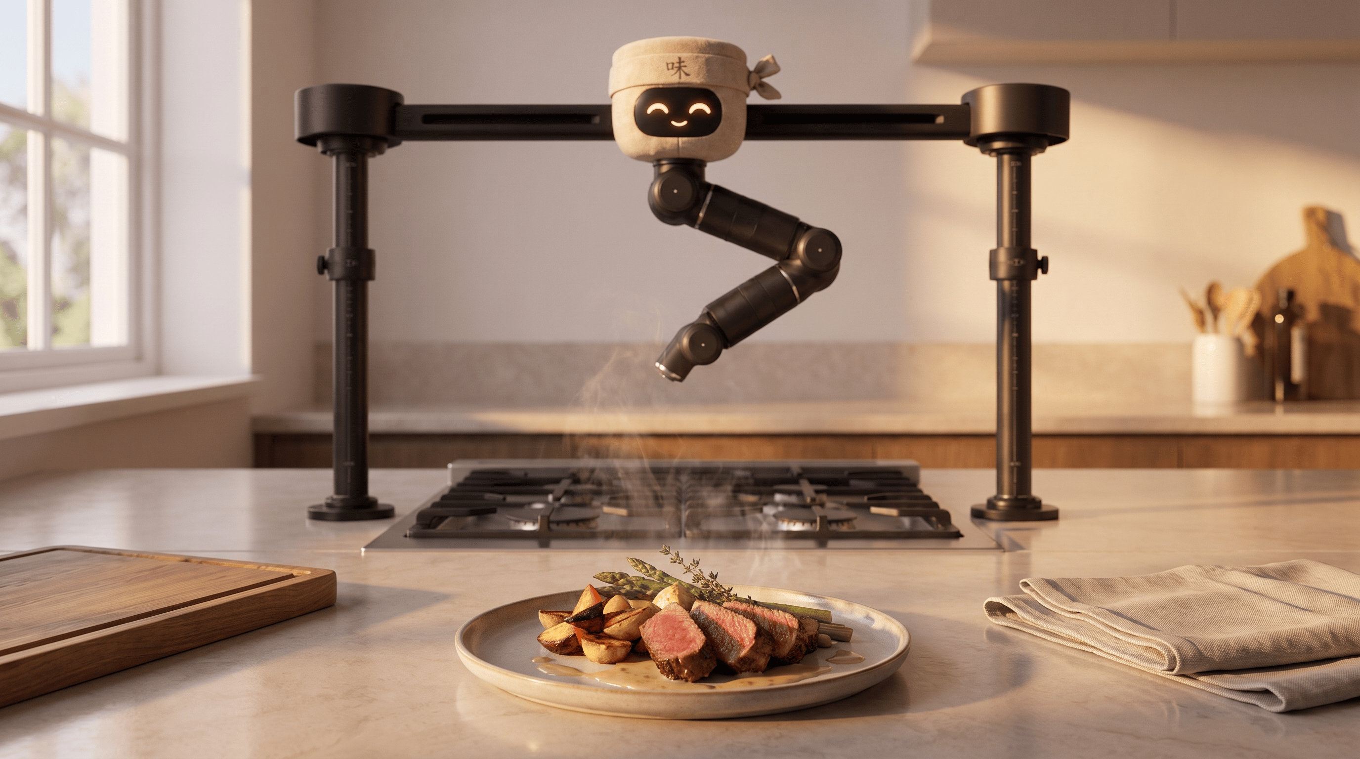 Cheffy above the stove with a plated steak dinner steaming on the counter