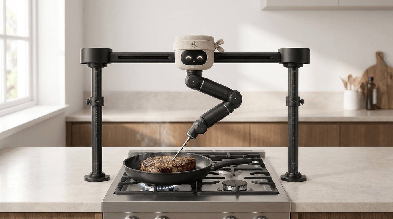 Cheffy probes a thick steak on the stove to check doneness
