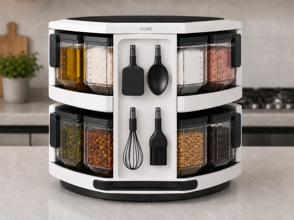 Cheffy CORE rotating organizer loaded with ingredients and kitchen tools