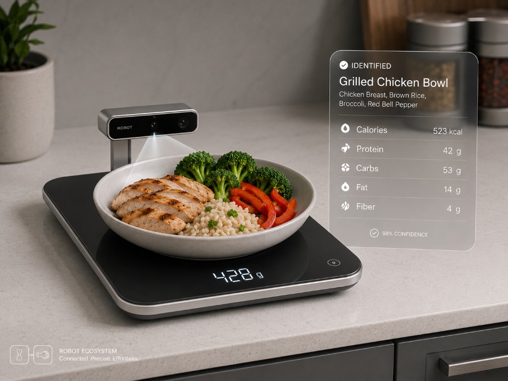 Cheffy smart scale identifying a grilled chicken bowl and tracking macros